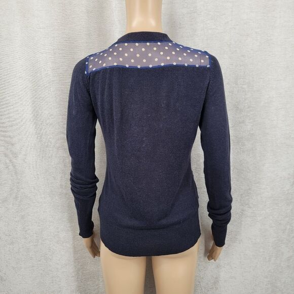 Sparrow Anthropologie Navy Blue Polka Dot Accent Cardigan Sweater Silk Linen - Picture 6 of 10